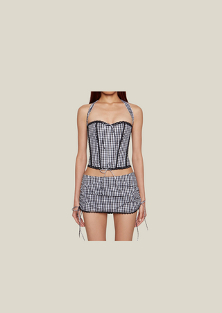 Lace Gingham Ruched Mini Skirt
